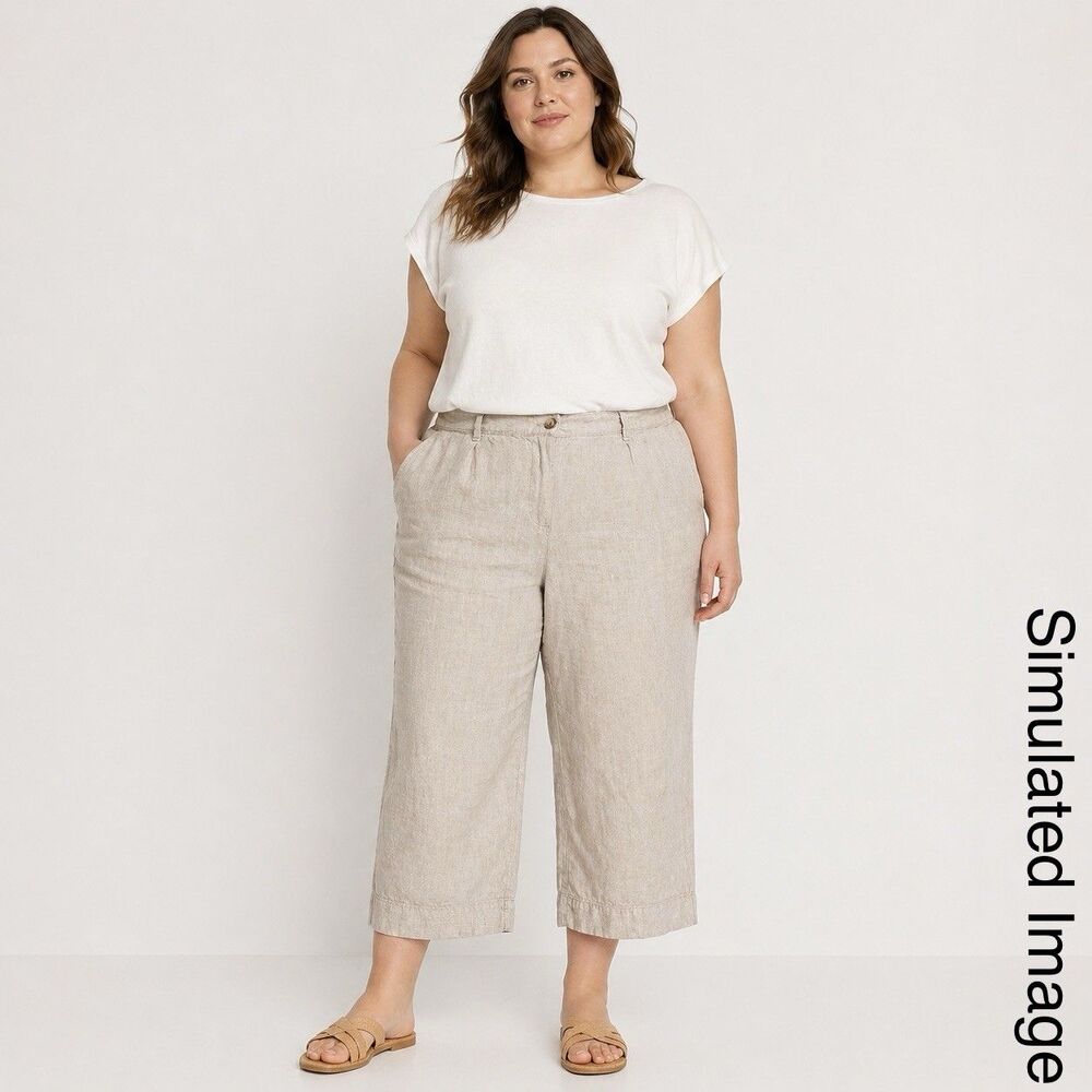 J Jill Love Linen Pants Womens XL Beige Cropped Wide Leg Elastic Waist